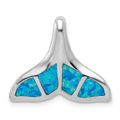 Sterling Silver Rhodium-Plated Polished Created Blue Opal Whale Tail Chain Slide