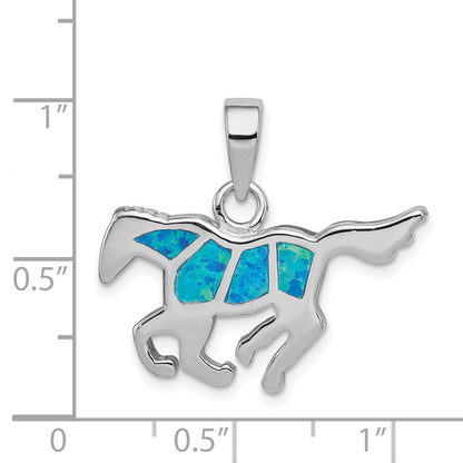 Sterling Silver Rhod-Plated Created Blue Opal Inlay Horse Pendant