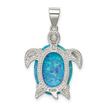 Sterling Silver Rhodium-Plated Polished Created Blue Opal Inlay Sea Turtle Pendant