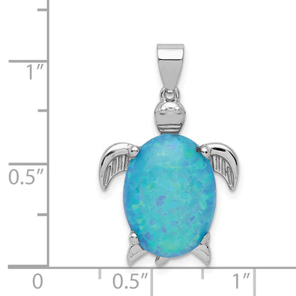 Sterling Silver Rhodium-Plated Polished Created Blue Opal Inlay Sea Turtle Pendant