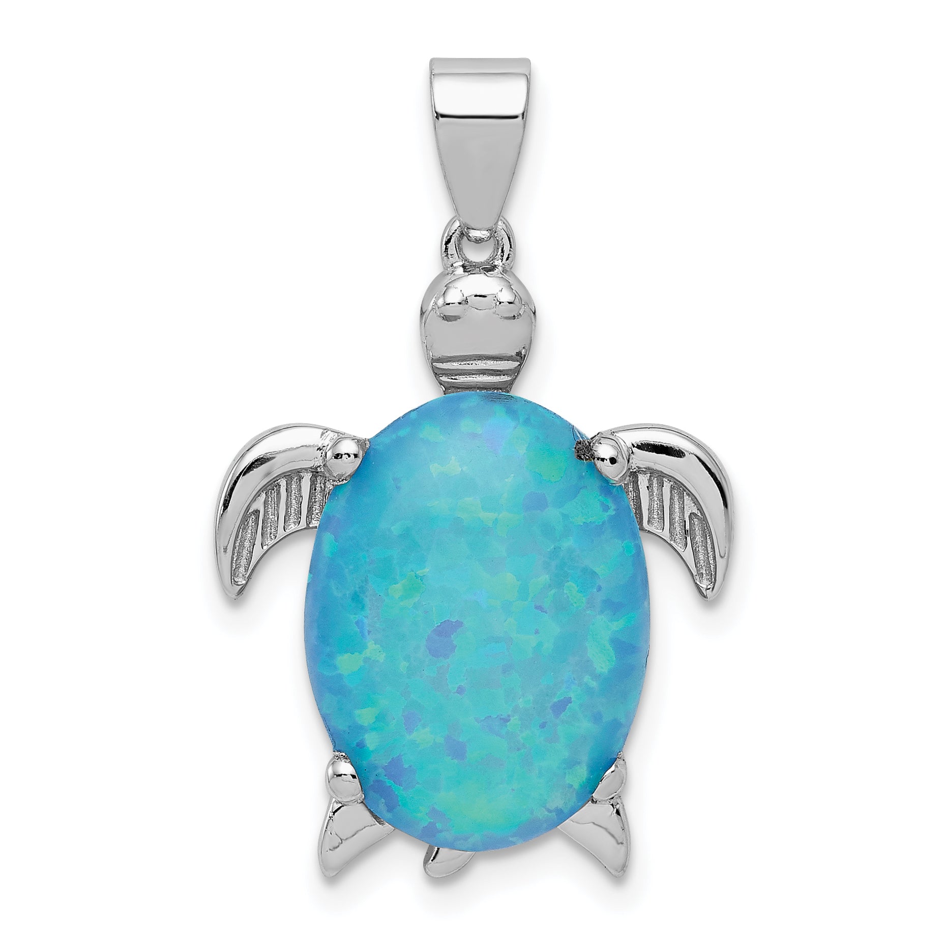 Sterling Silver Rhodium-Plated Polished Created Blue Opal Inlay Sea Turtle Pendant