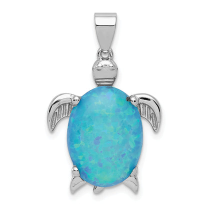 Sterling Silver Rhodium-Plated Polished Created Blue Opal Inlay Sea Turtle Pendant