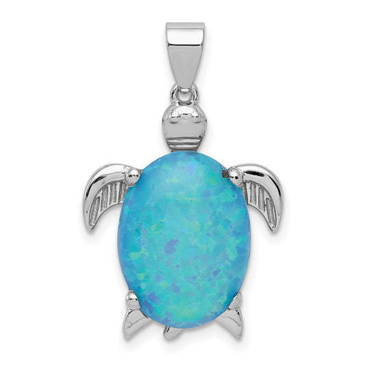 Sterling Silver Rhodium-Plated Polished Created Blue Opal Inlay Sea Turtle Pendant