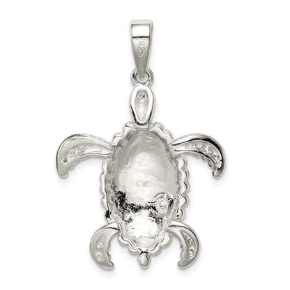 Sterling Silver Rhod-Plated Created Blue Opal Inlay/Cz Tortoise Pendant