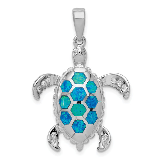 Sterling Silver Rhod-Plated Created Blue Opal Inlay/Cz Tortoise Pendant