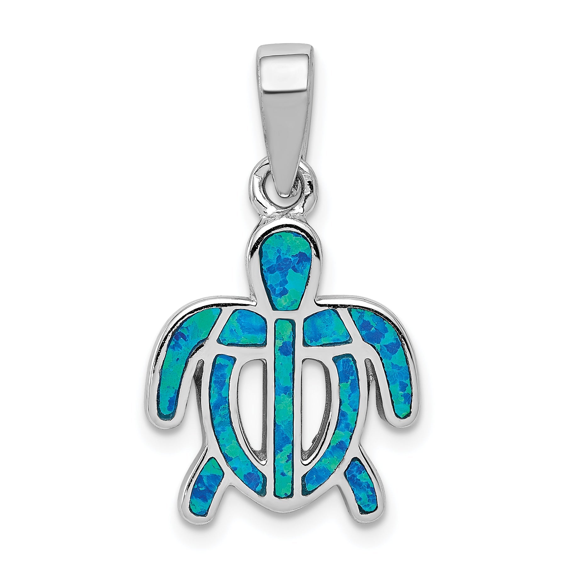 Sterling Silver Rhodium-Plated Polished Created Blue Opal Inlay Tortoise Pendant