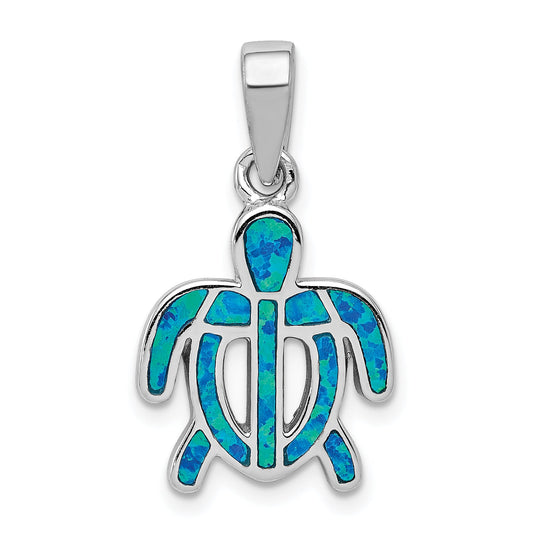 Sterling Silver Rhodium-Plated Polished Created Blue Opal Inlay Tortoise Pendant