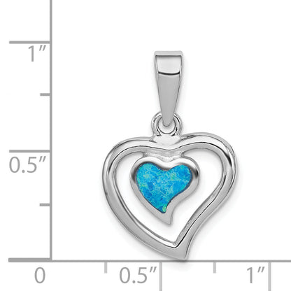 Sterling Silver Rhodium-Plated Created Blue Opal Inlay Heart Pendant