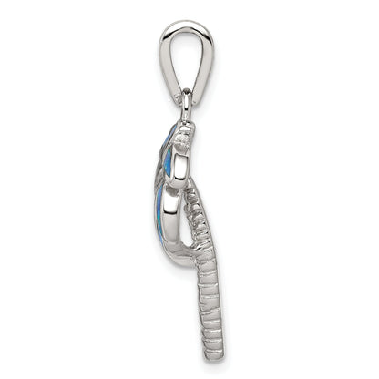 Sterling Silver Rhodium-Plated Created Blue Opal Inlay Palm Tree Pendant