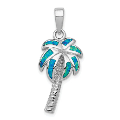 Sterling Silver Rhodium-Plated Created Blue Opal Inlay Palm Tree Pendant