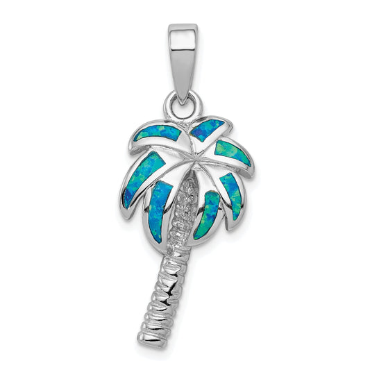 Sterling Silver Rhodium-Plated Created Blue Opal Inlay Palm Tree Pendant