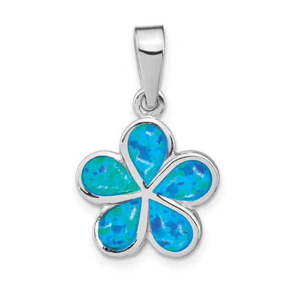 Sterling Silver Rhodium-Plated Created Blue Inlay Opal Flower Pendant