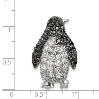 Sterling Silver Rhodium-Plated Black & White Cz Penguin Chain Slide