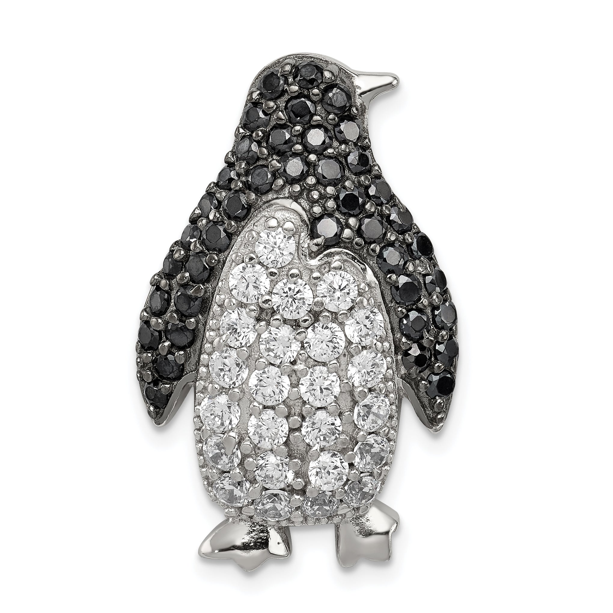 Sterling Silver Rhodium-Plated Black & White Cz Penguin Chain Slide
