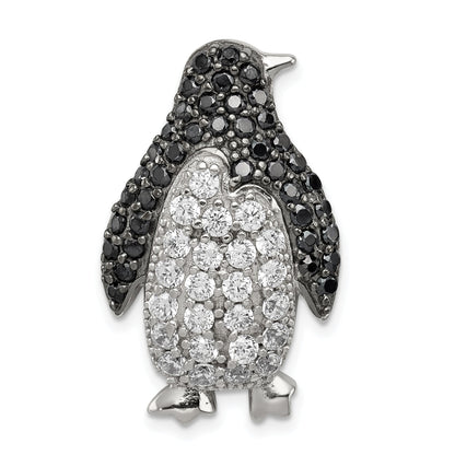 Sterling Silver Rhodium-Plated Black & White Cz Penguin Chain Slide