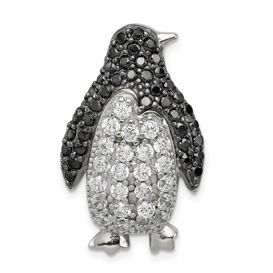 Sterling Silver Rhodium-Plated Black & White Cz Penguin Chain Slide