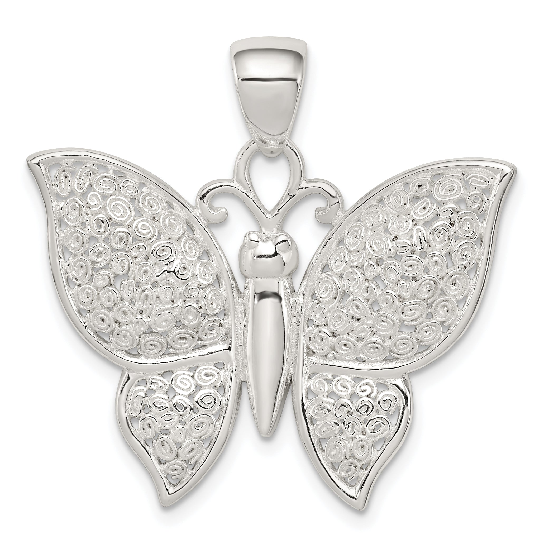Sterling Silver Rhodium-Plated Polished/Textured Butterfly Pendant