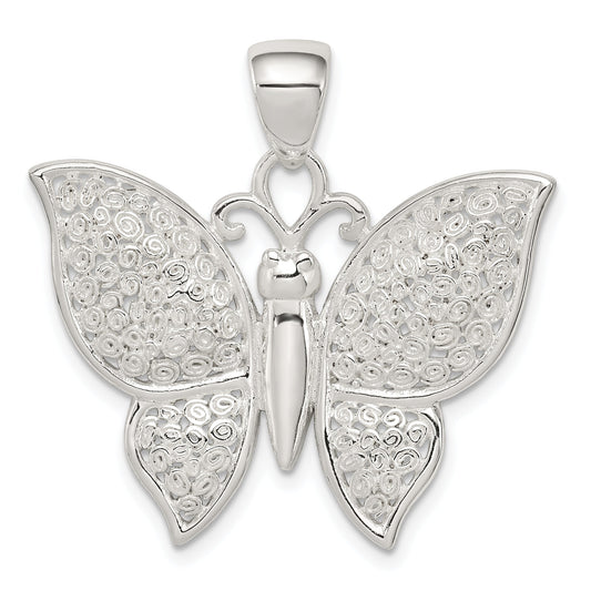 Sterling Silver Rhodium-Plated Polished/Textured Butterfly Pendant