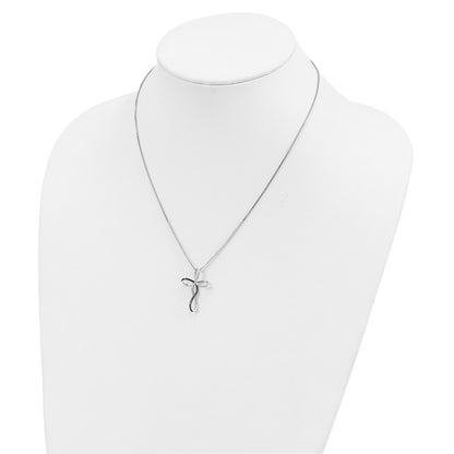 Sterling Silver White Night Rhodium-Plated Black And Diamond Cross 18 Inch Necklace With 2 Extender
