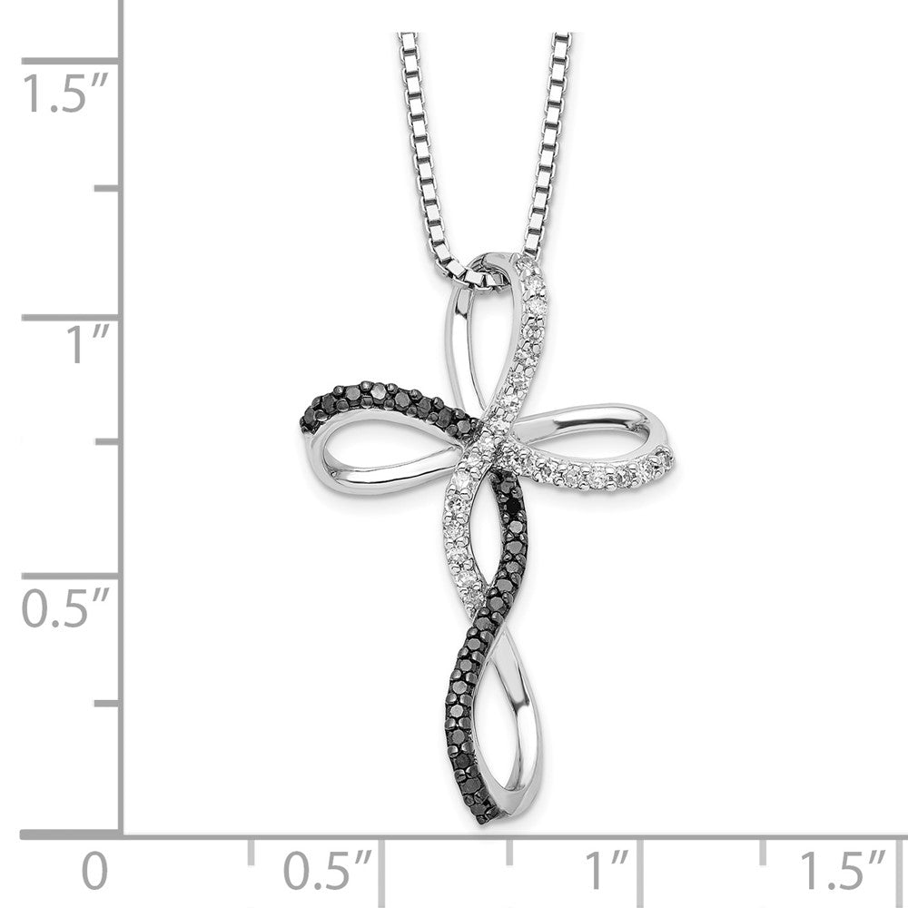 Sterling Silver White Night Rhodium-Plated Black And Diamond Cross 18 Inch Necklace With 2 Extender