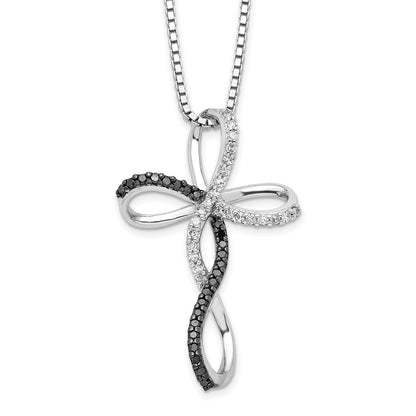 Sterling Silver White Night Rhodium-Plated Black And Diamond Cross 18 Inch Necklace With 2 Extender
