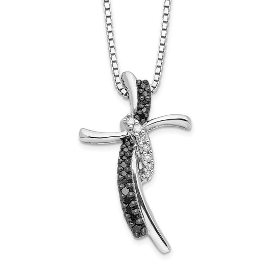 Sterling Silver White Night Rhodium-Plated Black And Diamond Cross 18 Inch Necklace With 2 Extender