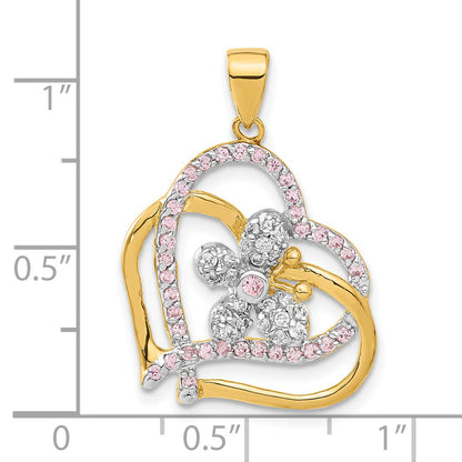 Sterling Silver Flash Gold-Plated Pink & Clear Cz Heart Butterfly Pendant
