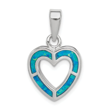 Sterling Silver Rhodium-Plated Blue Inlay Created Opal Heart Pendant