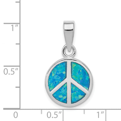 Sterling Silver Rhodium-Plated Blue Inlay Created Opal Peace Sign Pendant