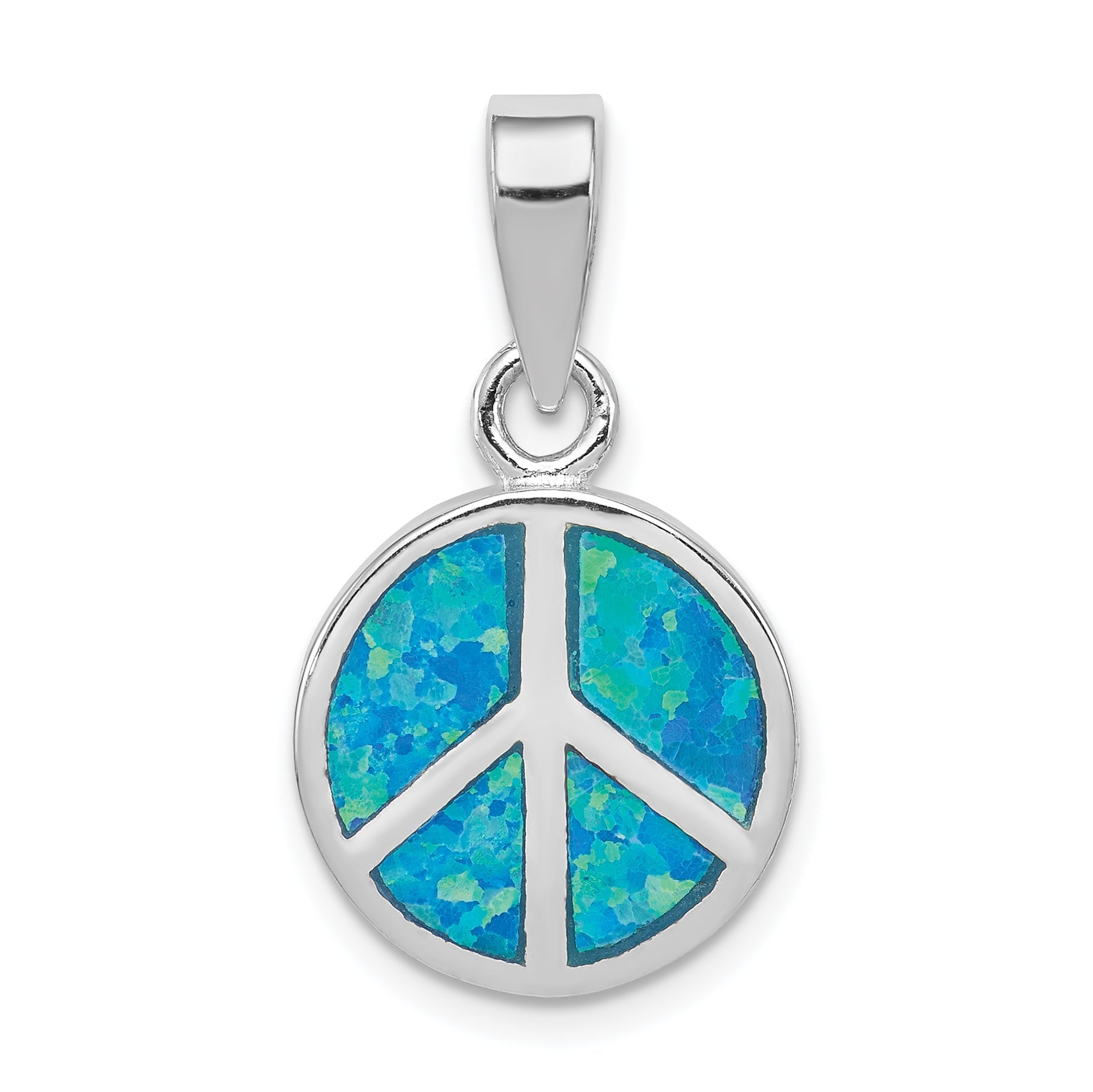 Sterling Silver Rhodium-Plated Blue Inlay Created Opal Peace Sign Pendant