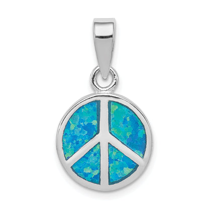 Sterling Silver Rhodium-Plated Blue Inlay Created Opal Peace Sign Pendant