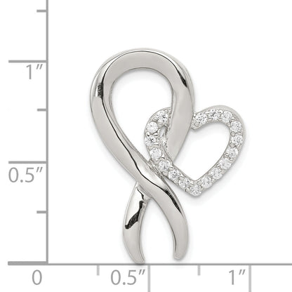 Sterling Silver Rhod-Plated Cz Heart/Breast Cancer Ribbon Chain Slide