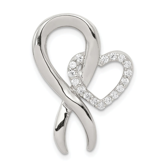 Sterling Silver Rhod-Plated Cz Heart/Breast Cancer Ribbon Chain Slide