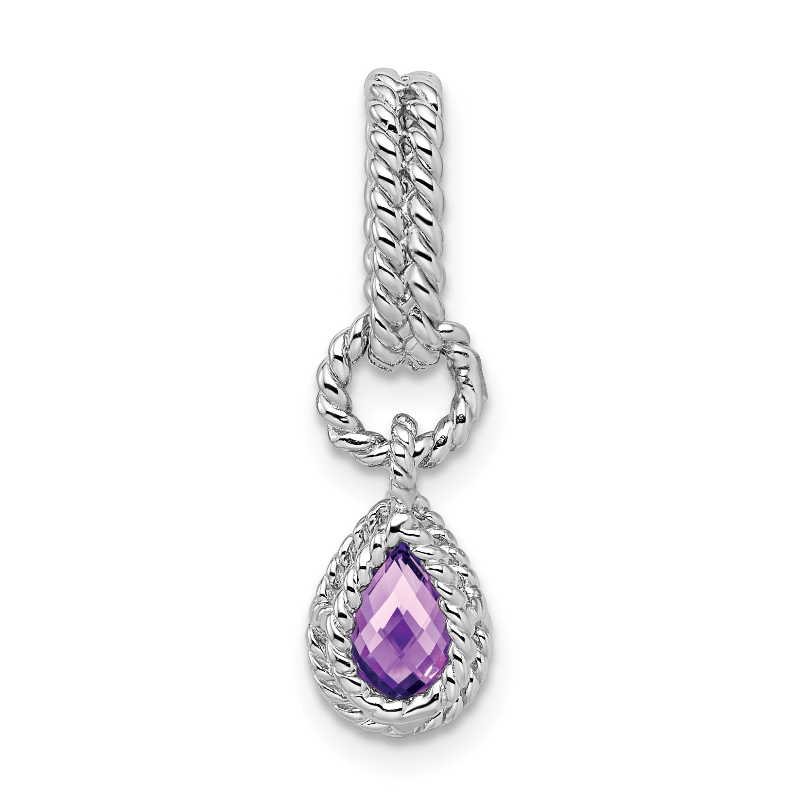 Sterling Silver Rhodium Amethyst Pear Twisted Pendant