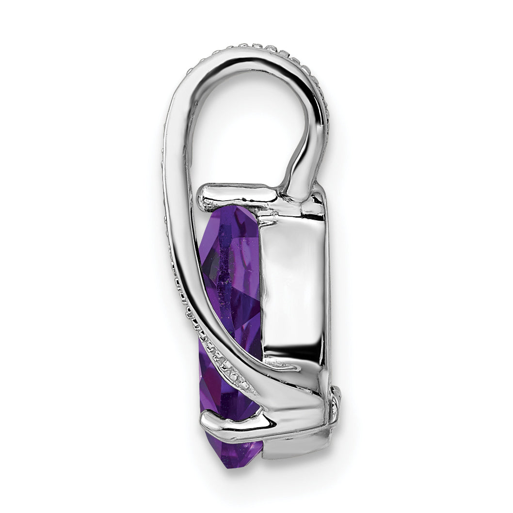 Sterling Silver Rhodium Plated Diamond And Amethyst Teardrop Pendant