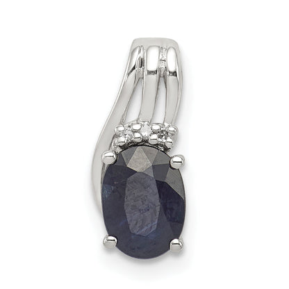 Sterling Silver Rhodium Plated Diamond & Sapphire Oval Pendant