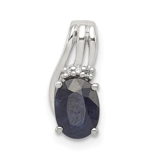Sterling Silver Rhodium Plated Diamond & Sapphire Oval Pendant