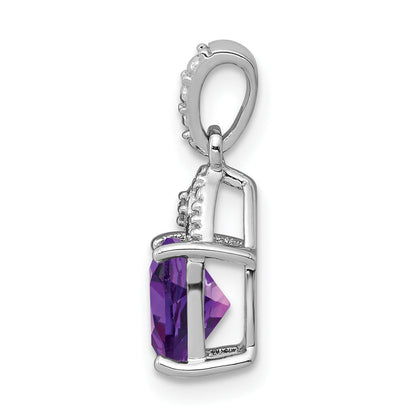 Sterling Silver Rhodium Plated Diamond And Amethyst Cushion Pendant