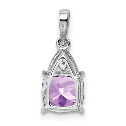 Sterling Silver Rhodium Plated Diamond And Amethyst Cushion Pendant