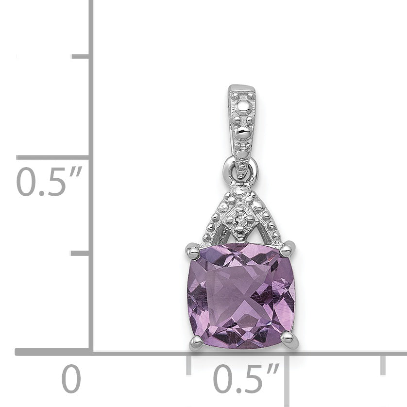 Sterling Silver Rhodium Plated Diamond And Amethyst Cushion Pendant