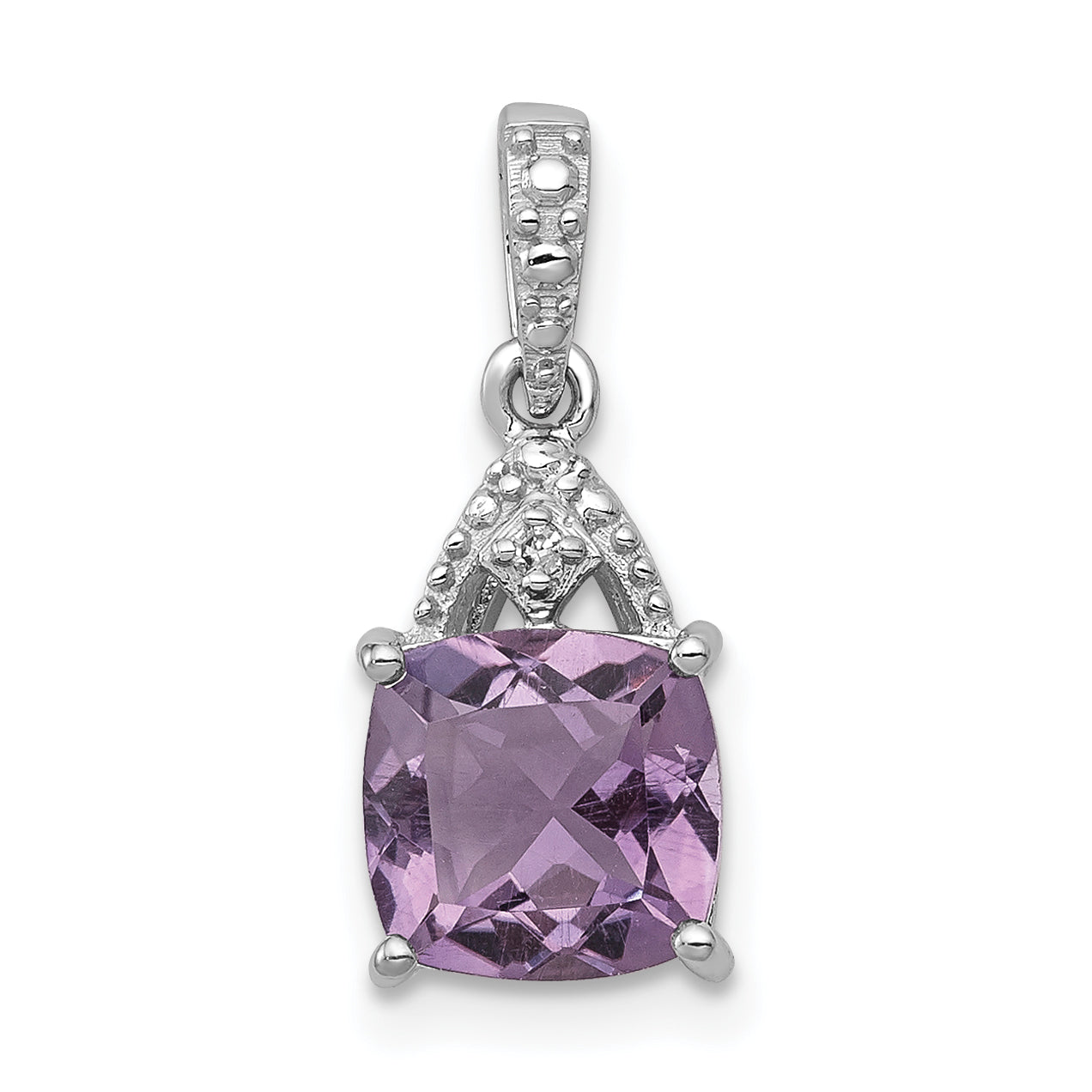 Sterling Silver Rhodium Plated Diamond And Amethyst Cushion Pendant