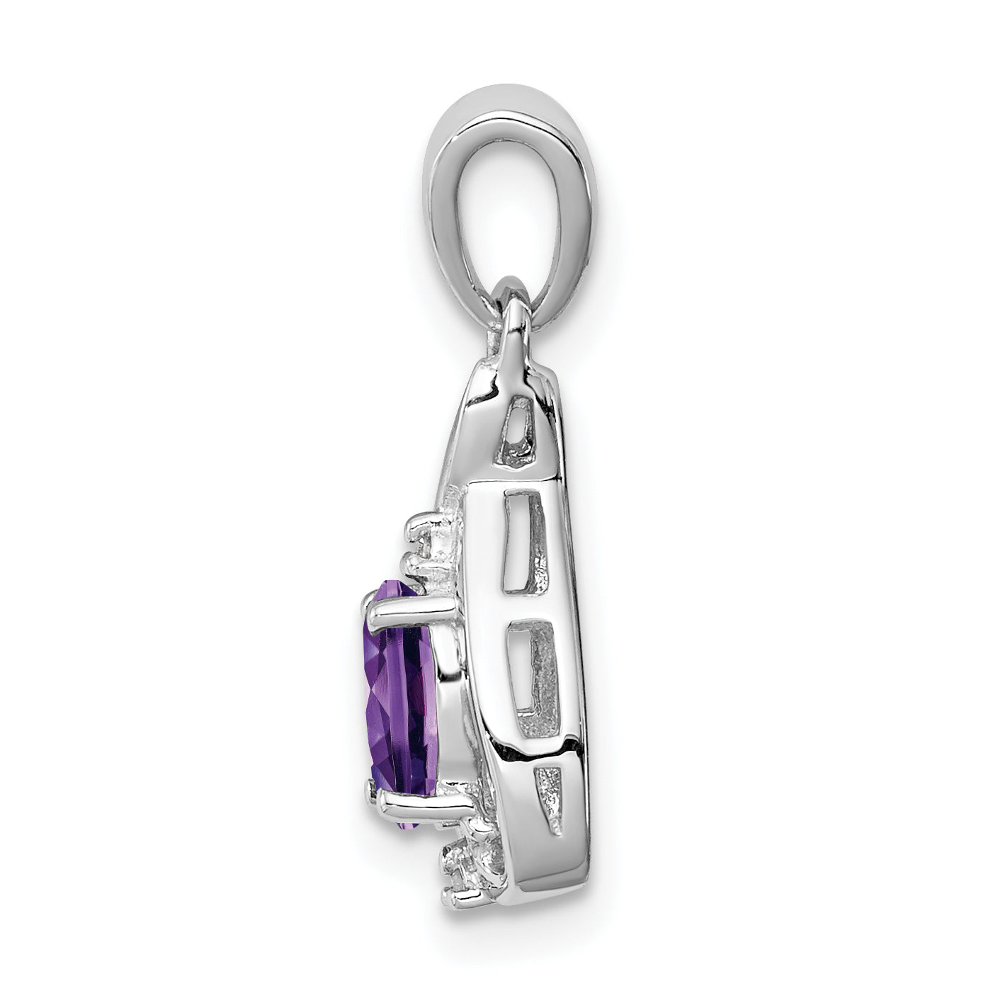 Sterling Silver Rhodium Plated Diamond And Amethyst Oval Pendant