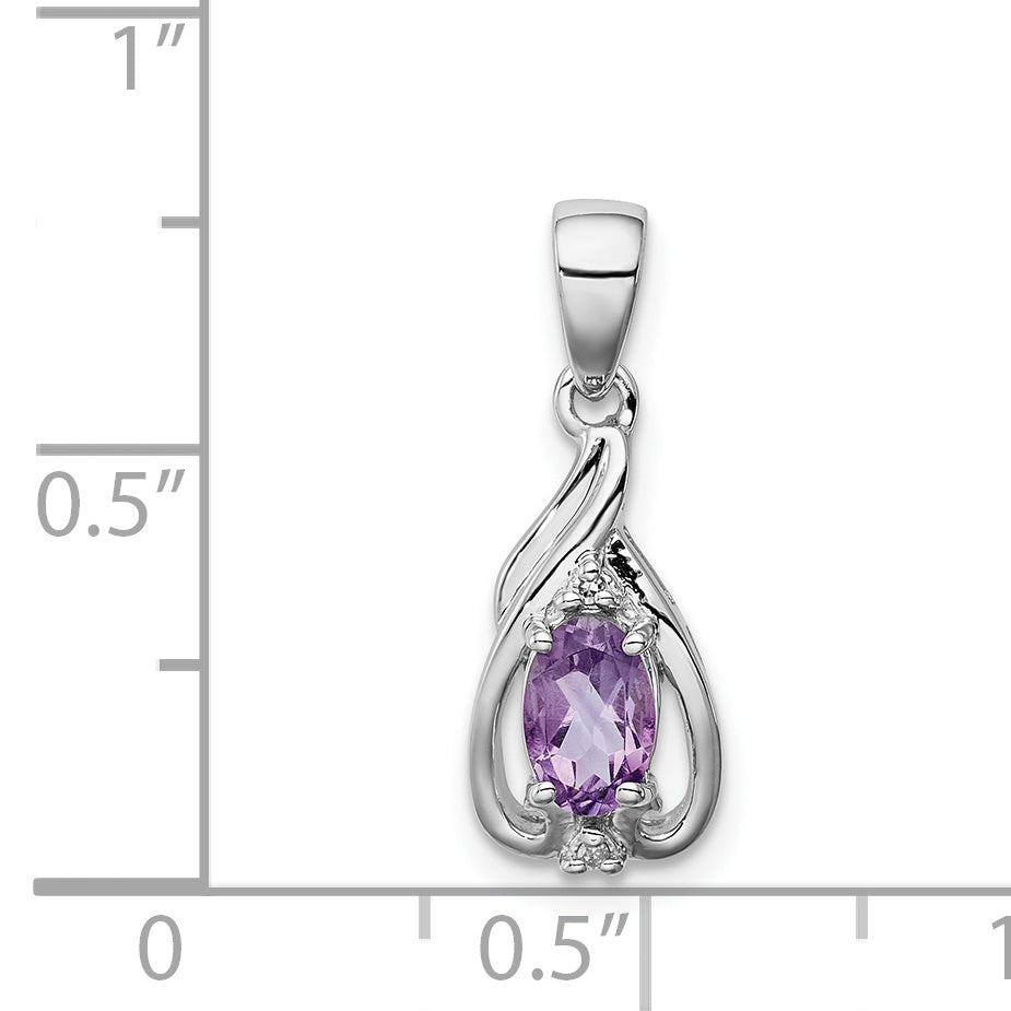 Sterling Silver Rhodium Plated Diamond And Amethyst Oval Pendant