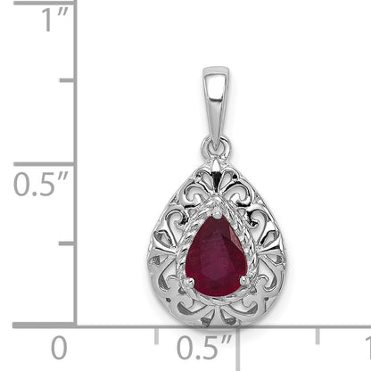 Sterling Silver Rhodium Plated Ruby Teardrop Pendant