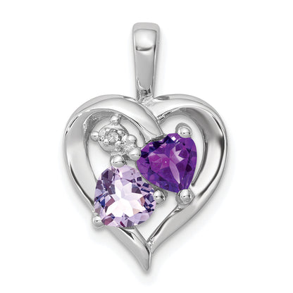 Sterling Silver Rh Plated Amethyst Light Pink Quartz And Diamond Pendant