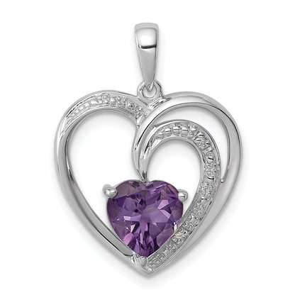 Sterling Silver Rhodium Plated Diamond And Amethyst Heart Pendant