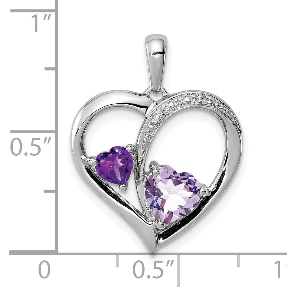 Sterling Silver Rh Plated Diamond Amethyst And Rose De France Pendant
