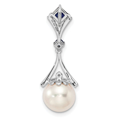 Sterling Silver Rhod Plated Dia. Created Sapphire Fw Cultured Pearl Pendant