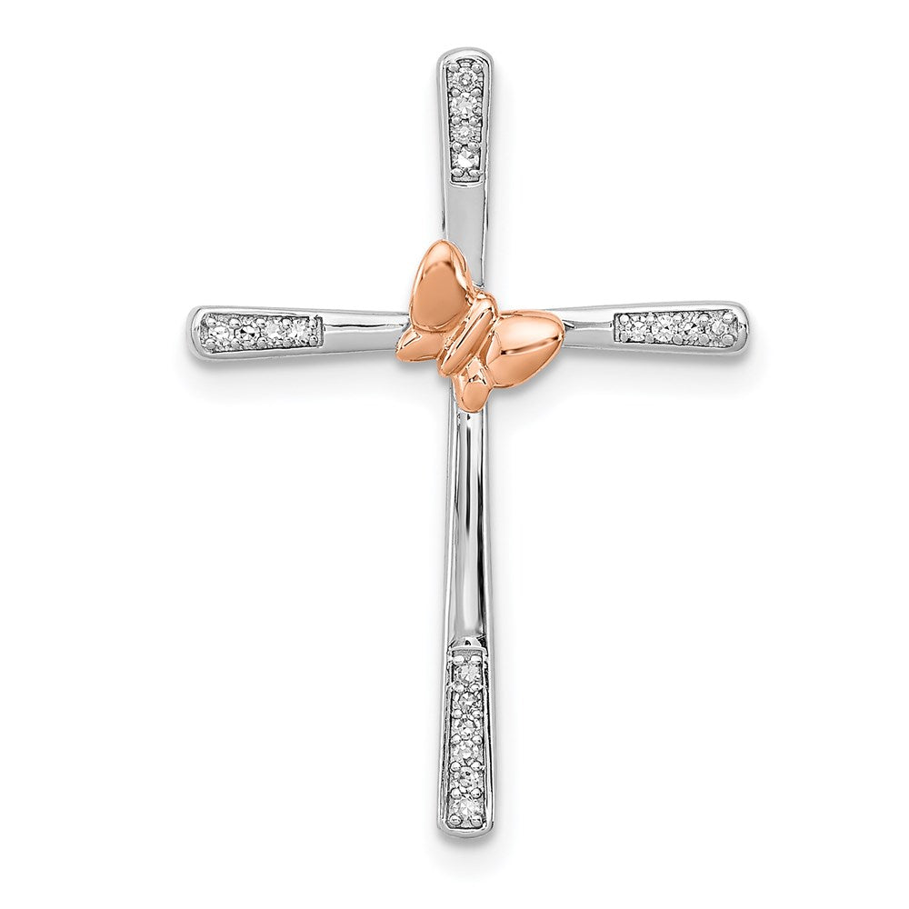 SS & 14k True Two-tone Rose Gold Butterfly Diamond Cross Pendant