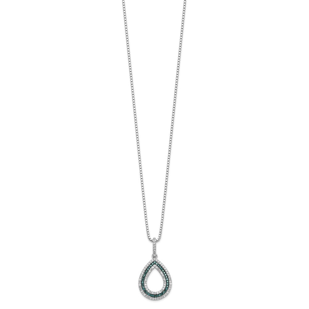 Sterling Silver White Night Rhodium-Plated Blue And Diamond Teardrop 18 Inch Necklace With 2 Extender
